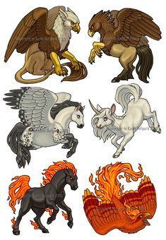 four different types of animals with wings and flames on their backs, including an eagle, horse