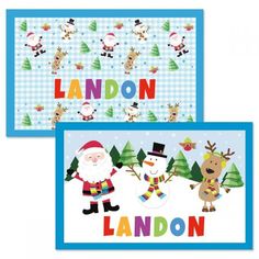 two christmas cards with santa, reindeer and snowman in the middle one is for london