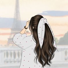 a woman with long hair standing in front of the eiffel tower