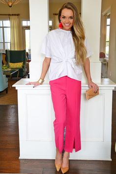 trendy pink pants outfit Casual High-waisted Bottoms With Side Slits For Work, Casual High-waisted Pants With Side Slits For Workwear, High-waisted Workwear Bottoms With Side Slits, High-waisted Pants With Side Slits For Workwear, Chic Bottoms With Side Slits For Day Out, Wide Leg Pants With Side Slits For Workwear, Wide Leg Workwear Pants With Side Slits, Workwear Trousers With Side Slits, Wide-leg Workwear Pants With Side Slits