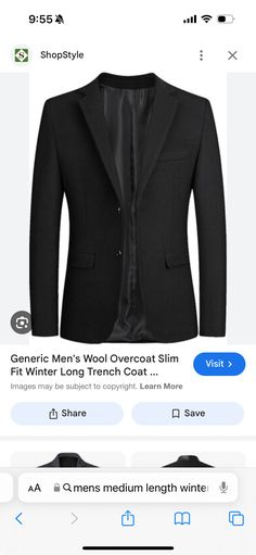 an image of a man's black blazer on the app store page for men's wool overcoat slim fit winter long trench coat