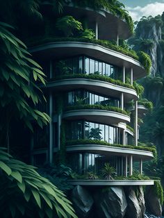 an artistic rendering of a futuristic building surrounded by greenery and mountains in the background