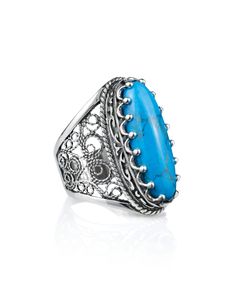 Filigree Art Turquoise Gemstone Women Silver Long Statement Ring - Filigranist Jewelry Elegant Turquoise Ring With Stone Setting, Turquoise Ring With Large Stone For Anniversary, Elegant Turquoise Rings With Natural Stones, Elegant Turquoise Ring With Natural Stones, Elegant Turquoise Ring With Natural Stones For Anniversary, Elegant Oval Turquoise Ring With Large Stone, Turquoise Ring With Stone Setting In Silver, Elegant Silver Turquoise Ring With Gemstone, Turquoise Ring With Stone Setting As Gift