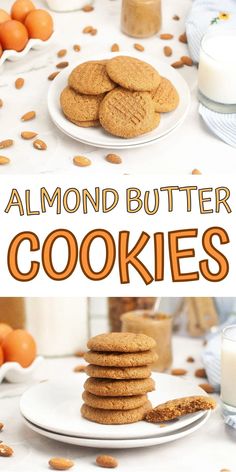 almond butter cookies stacked on top of each other with the words almond butter cookies above them