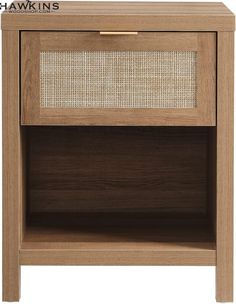 an image of a wooden nightstand with wicker on the top and bottom drawer open