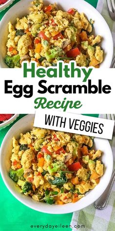 healthy egg scrambleble recipe with veggies in a white bowl on a green tablecloth