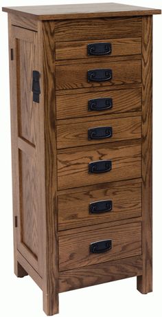 a wooden cabinet with five drawers and black handles