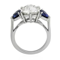 Old European Cut Diamond and Blue Sapphire Three-Stone Engagement Ring For Sale at 1stdibs Claw Prong, Sapphire Engagement Ring Blue, Three Stone Engagement, Beautiful Engagement Rings, Three Stone Engagement Rings, European Cut Diamonds, Stone Engagement, Diamond Set, Engagement Rings Sapphire