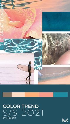 the color trend for spring / summer 2012 is blue, pink, and orange with an image of a woman holding a surfboard