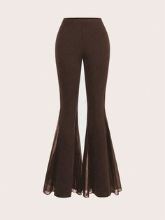 Women Plain Elastic Waist Mesh Splice Flared Fashionable Elegant Long Pants Coffee Brown Elegant   Knitted Fabric Plain Flare Leg High Stretch  Women Clothing, size features are:Bust: ,Length: ,Sleeve Length: Brown Pants For Women, Fancy Pants Outfit, Flare Outfit, Brown Flares, Elegant Pant, Women Pants, Flared Pants, Coffee Brown