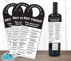 two wine bottle tags with the words hey hey hey there