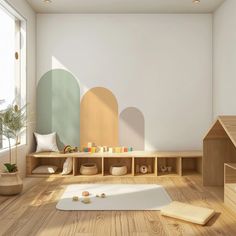 a room with wooden floors and walls painted in pastel colors, including circles on the wall