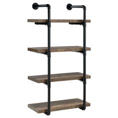 an industrial style shelving unit with three shelves and two black pipes on each shelf