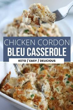 chicken cordon bleu casserole in a white dish with a fork