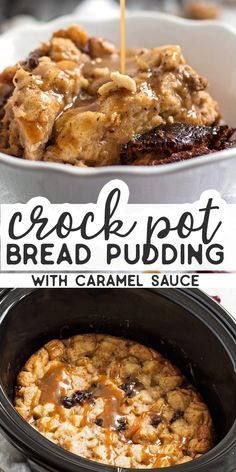 crock pot bread pudding with caramel sauce being poured into the slow cooker