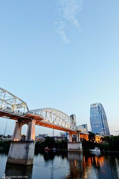 a bridge that is going over some water with buildings in the backgroung