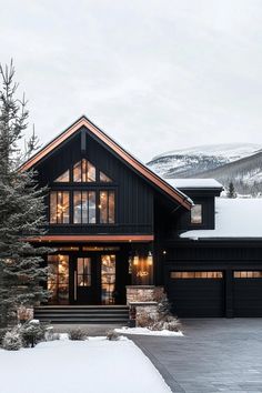 a black house with lots of windows and snow on the ground