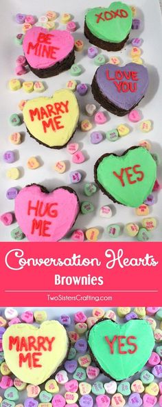 conversation hearts brownies on a white plate