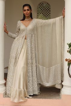 Ivory front slit anarkali with dori, sequin, cutdana embroidery in floral pattern. Paired with sharara and border embroidered dupatta. - Aza Fashions Floral Anarkali, Cutdana Embroidery, Net Embroidery, Embroidered Dupatta, Sharara Set, Set For Women, Anarkali, Indian Outfits, Aza Fashion