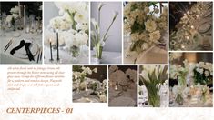 the centerpieces are all white and have flowers in them