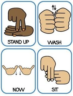 four pictures with different gestures and words in each one's hand, including the word stand up, wash, now sit