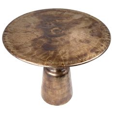 a round metal table with a wooden top on an isolated white background for use as a decoration