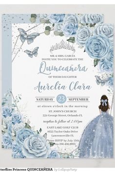 a blue and white wedding card with roses, butterflies and a princess in a dress