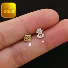 Metal: 14k solid gold, Available Gold color: Yellow gold  Guaranteed Authentic :14k Solid Gold，Not Gold Plated or Gold Filled Stone:  CZ Thickness:0.82mm (20G) Stamp:14k ★Every ear is different, the length of backings that most suitable for your ear will depend on your ear thickness ★Titanium is a very safe metal, so we don't plate it, in order to avoid some people are allergic to the plating material. NOTE The item combined by 14k solid gold and implant grade titanium push in back,  packed in a beautiful Jewelry Box   SHIPPING ADDRESS All the orders will ship to the supplied address through your Etsy Order, Please leave your phone number,will give to carrier for safe deliver. We will not send and replacement parcels due to incomplete or inaccurate address.  PACKING ●Can be Gift packed inc Gold Rose Flower, Conch Stud, Cartilage Earrings Stud, Cartilage Stud, Conch Earring, Flat Back Earrings, Mini Earrings, Studded Flats, Tragus Earrings