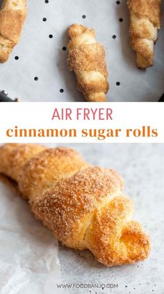 an air fryer with cinnamon sugar rolls on it and the words, air fryer cinnamon sugar rolls