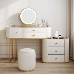 a white dresser and stool with a round mirror on it's wall above it