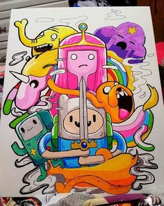 this is an image of a drawing of cartoon characters