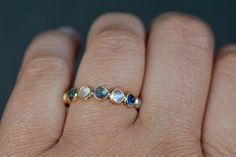 Lovely blue sapphire and moonstones are set in 18k gold. A delightful pattern this makes a great stacking ring. Moonstones and sapphires are alternated in a clean simple style which makes this really special. Stunning and gorgeous, this will make a delightful wedding band for a bride who has a September birthday or is simply captivated by the mesmerizing blue of a sapphire. This ring has lovely detailing with beautiful patterning at the stone setting (see additional pictures) making it the perfe Blue Moonstone Stackable Ring, Blue Round Stackable Moonstone Ring, Blue Stackable Round Moonstone Ring, Timeless Multi-stone Sapphire Ring Gift, Anniversary Blue Moonstone Ring With Multi-stones, Blue Multi-stone Moonstone Anniversary Ring, Blue Round Moonstone Ring In 14k Gold, Blue Multi-stone Moonstone Ring For Anniversary, Blue Multi-stone Moonstone Ring