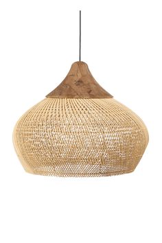 a light that is made out of straw and has a wooden handle on the end