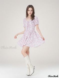 Olivia Mark - Beautiful Pink Floral Print Strap Dress with Exquisite Short Skirt by Fanshare Spring Daywear Skirted Dress, Casual Flowy Mini Dress For Spring, Casual Mini Dress With Flowy Skirt For Spring, Feminine Skirted Dresses For Spring, Casual Skirted Daywear Dresses, Casual Fitted Dress With Tiered Skirt, Casual Fitted Mini Dress With Skirted Shape, Casual Floral Print Tiered Mini Dress, Casual Floral Print Mini Dress With Tiered Skirt