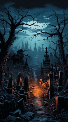 a creepy cemetery with tombstones in the foreground and trees on either side at night