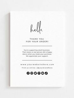 a thank card with the words hello written in cursive font and black ink