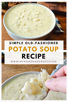 a hand holding a piece of bread over a bowl of potato soup with the recipe in it