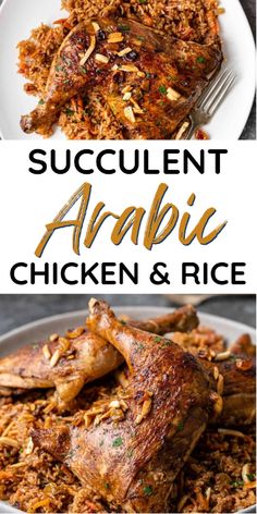 two pictures with different types of food on them and the words succulentt arabic chicken