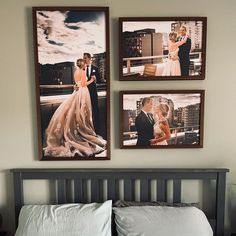 a bed with two pictures on the wall above it and a couple kissing each other