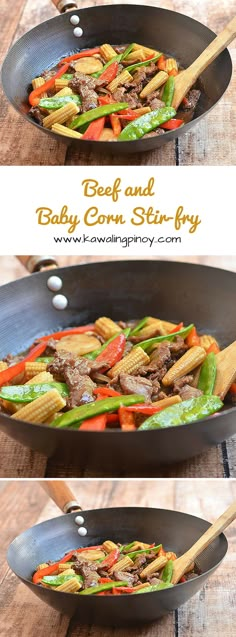 beef and baby corn stir fry in a wok