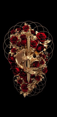 a gold and red skull surrounded by roses