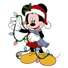 a cartoon mickey mouse wearing a santa hat and holding a christmas garland on his hand