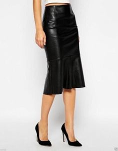 Genuine Leather Skirt Black Skirt Plus Size, Flair Skirt, Clothes Fall, Reed Krakoff, Skirt Plus Size, Skirt Knee Length, Tulip Skirt, Lambskin Leather Jacket, Black Party