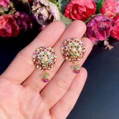 Featuring multicoloured jadau studs made in 22ct gold and embellished with rubies, emeralds and pearls The studs weigh 7.48 GMs Price Breakup Summary Component Rupees % of Total 22k Gold 33,793 75.4% Stones & Beads 3,634 8.1% Making Charges 6,083 13.6% Taxes (GST) 1,305 3.0% Total 44,814 100.0% View Detailed Price Breakup Green 22k Gold Chandbali Earrings, 22k Gold Green Chandbali Earrings, Multicolor 22k Gold Temple Jewelry Earrings, Traditional Gold Multi-stone Earrings, Green Meenakari Gold-plated Earrings, Traditional 22k Gold Earrings With 17 Jewels, Multicolor 22k Gold Earrings For Gifts, Traditional Multicolor Ruby Earrings, Multicolor 22k Gold Meenakari Earrings