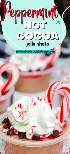 peppermint hot chocolate jello shots with candy canes and whipped cream on top