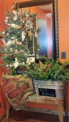 a potted christmas tree sitting on top of a wooden table next to a mirror