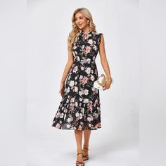 Fabric Type 98% Polyester, 2% Viscose Care Instructions Machine Wash Origin Imported Closure Type Drawstring Black Sleeveless Midi Dress For Garden Party, Brand Dresses, Floral Print Midi Dress, Print Midi Dress, Printed Midi Dress, Midi Dress Sleeveless, Dress Sleeveless, No Brand, Ruffle Hem