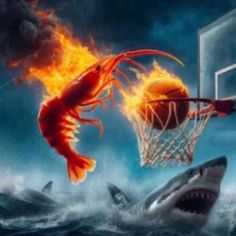 an image of a fish catching a basketball in the air with fire coming out of it