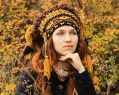 Mustard brown black crochet shaman headdress woman tribal | Etsy Brown Bohemian Beanie One Size, Black Bohemian Knitted Hat, Bohemian Adjustable Beanie For Fall, Bohemian Brown Knitted Beanie, Brown Bohemian Crochet Cap, Handmade Bohemian Costume Hats For Winter, Bohemian Brown Yarn Beanie, Bohemian Brown Beanie, Black Bohemian Crochet Hat