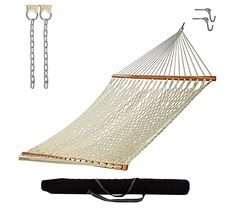 Relax in your backyard oasis with this rope hammock designed for both adults and children to enjoy. This hammock features a soft spun polyester rope that offers maximum density without compromising comfort, complete with double-looped strands and hand-braided ring knots for a quality weave. Durable hardwood spreader bars ensure stability, while the included zinc-plated extension chains and stainless steel tree hooks make setup a breeze. From Castaway Living. Rope Pulls, Rope Hammock, Hardware Storage, Hammock Bed, Spreader Bar, Braided Ring, Ring Der O, 2 People, Cotton Rope